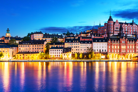 Scenic evening view of the Old Town pier architecture in Sodermalm district of Stockholm, Swedenの写真素材