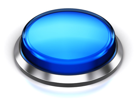Creative abstract internet web design and online communication business concept: 3D render illustration of the blue glossy push press button or icon with shiny metal bezel isolated on white background with reflection effectの写真素材