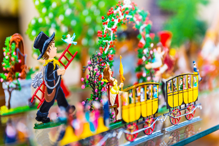 Macro view of the old vintage colorful toy figures with selective focus effectの写真素材