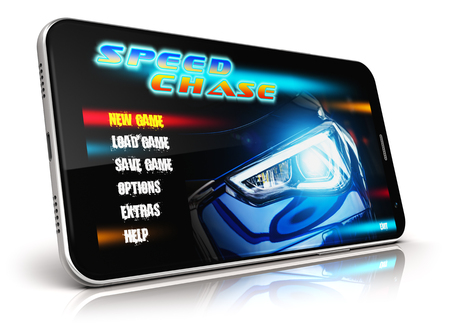 Creative abstract mobile gaming and computer entertainment technology concept: 3D render illustration of modern black glossy touchscreen smartphone with video game isolated on white backgroundの写真素材