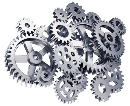 Creative abstract 3D render illustration of the group of different metal or steel gears or cogwheels isolated on white backgroundの写真素材