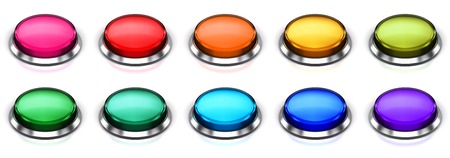 Creative abstract internet web design and online communication business concept: 3D render illustration of the set of color glossy push press buttons or icons with shiny metal bezel isolated on white background with reflection effectの写真素材