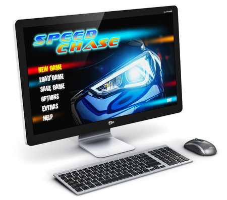 Creative abstract computer gaming and entertainment technology concept: 3D render illustration of modern black gamer desktop PC with video game isolated on white backgroundの写真素材