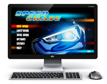 Creative abstract computer gaming and entertainment technology concept: 3D render illustration of modern black gamer desktop PC with video game isolated on white backgroundの写真素材