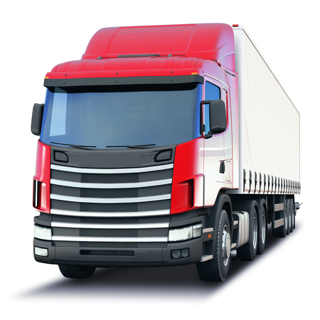 Creative abstract shipping industry, logistics transportation and cargo freight transport industrial business commercial concept: 3D render illustration of the freight or cargo semi-truck isolated on white backgroundの写真素材