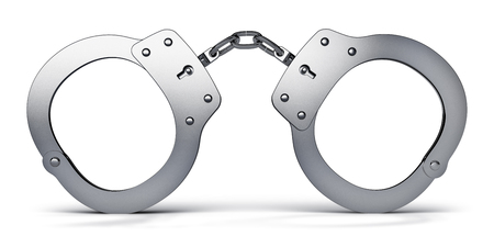 3D render illustration of metal handcuffs isolated on white backgroundの写真素材