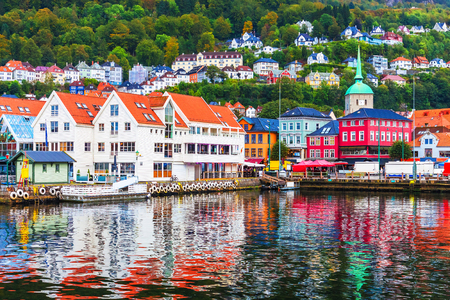 Scenic summer panorama of the Old Town pier architecture of Bryggen in Bergen, Norwayの写真素材