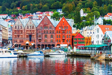 Scenic summer panorama of the Old Town pier architecture of Bryggen in Bergen, Norwayの写真素材