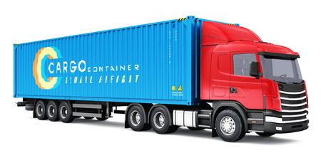 Shipping, logistics and freight delivery business commercial concept: 3D render illustration of the yellow semi-truck with blue 40 ft heavy cargo container isolated on white backgroundの写真素材