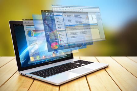 Software application program development and internet web business concept 3D render illustration of laptop or notebook on wooden table outdoors witr group of app or webpage screen interfacesの写真素材