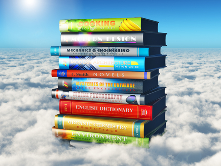 Creative abstract science, knowledge and education concept: 3D render illustration of the stack or pile of color hardcover books in the sky above the cloudsの写真素材