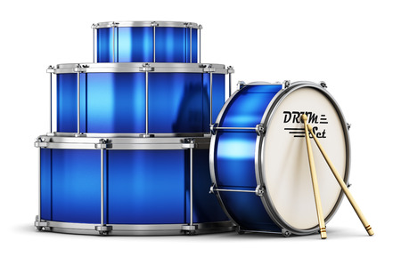 Creative abstract musical instrument concept: 3D render illustration of the blue drum set with pair of drumsticks isolated on white backgroundの写真素材