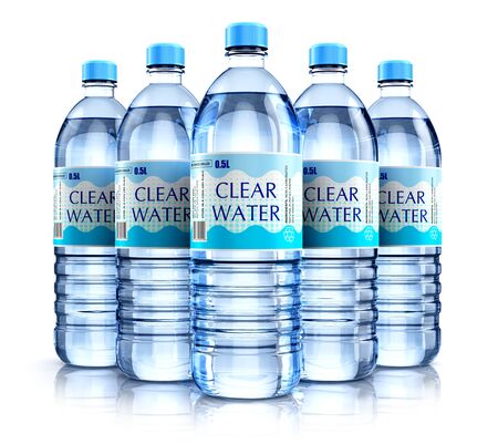 Creative abstract 3D render illustration of the group of five plastic bottles with clear purified drink carbonated water isolated on white background with reflection effectの写真素材
