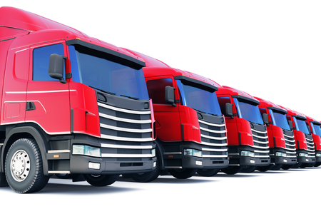 Shipping, logistics and delivery business commercial concept: 3D render illustration of the row of cargo trailer rucks isolated on white backgroundの写真素材