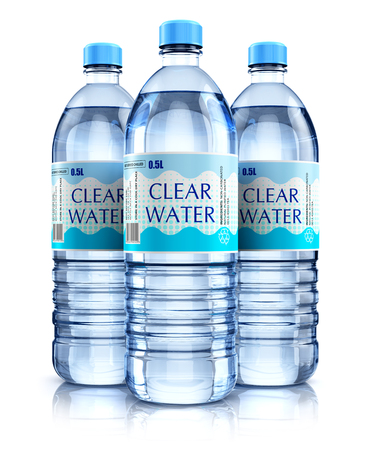 Creative abstract 3D render illustration of the group of three plastic bottles with clear purified drink carbonated water isolated on white background with reflection effectの写真素材