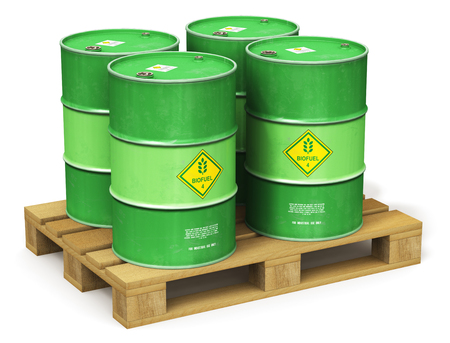 Creative abstract ecology, alternative sustainable energy and environment protection saving business concept: 3D render illustration of the group of green metal biofuel drums or biodiesel barrels on the wooden industrial shipping pallet isolated on white backgroundの写真素材