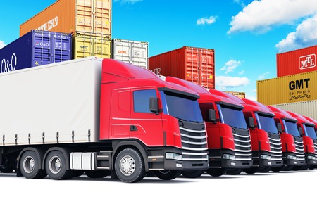 Shipping, logistics and delivery business commercial concept: 3D render illustration of the row of cargo trailer rucks at the sea port freight terminal with stacked color cargo containersの写真素材