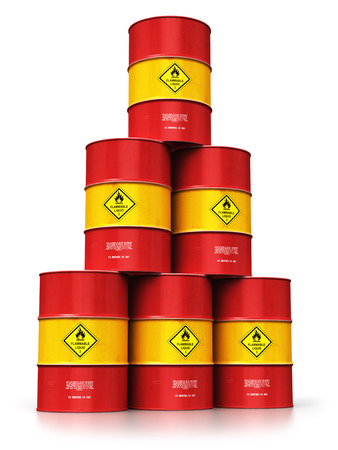 Creative abstract oil and gas industry manufacturing and trading business concept: 3D render illustration of the group of red stacked metal oil drums or petroleum barrels isolated on white background with reflection effectの写真素材