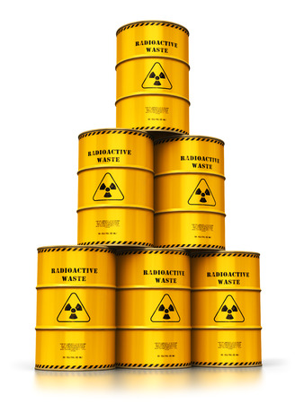 Creative abstract nuclear power fuel manufacturing, disposal and utilization industry concept: 3D render illustration of the group of stacked yellow metal barrels, drums or containers with poison dangerous hazardous radioactive materials isolated on white background with reflection effectの写真素材