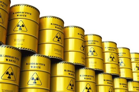 Creative abstract nuclear power fuel manufacturing, disposal and utilization industry concept: 3D render illustration of the group of stacked yellow metal barrels, drums or containers with poison dangerous hazardous radioactive materials in the industrial storage warehouse isolated on white backgroundの写真素材