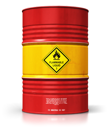 Creative abstract oil and gas industry manufacturing and trading business concept: 3D render illustration of red metal oil drum or petroleum barrel isolated on white background with reflection effectの写真素材