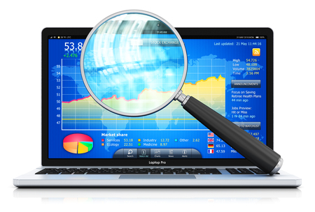 Creative abstract stock exchange market trading, banking and financial business accounting concept: 3D render illustration of the modern metal laptop notebook computer PC with stock market application software app on the screen, display or monitor with magnifying glass or magnifier isolated on white background with reflection effectの写真素材