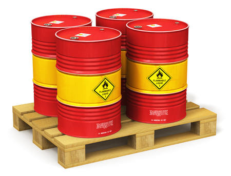 Creative abstract oil and gas industry manufacturing and trading business concept: 3D render illustration of the group of red metal oil drums or petroleum barrels on industrial wooden shipping pallet isolated on white backgroundの写真素材