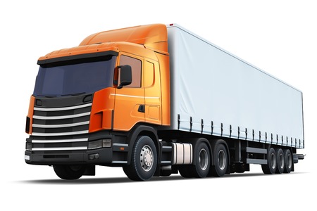 Creative abstract shipping, logistics and freight delivery business commercial concept: 3D render illustration of the orange metallic semi-truck isolated on white backgroundの写真素材