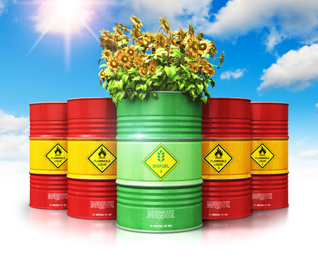 Creative abstract ecology, alternative sustainable energy and environment protection saving business concept: 3D render illustration of green biofuel or biodiesel barrel with yellow sunflowers flowers in front of the group of red metal oil, petroleum or gas drums against blue sky with clouds and sun light isolated on white background with reflection effectの写真素材