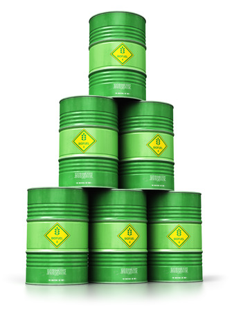 Creative abstract ecology, alternative sustainable energy and environment protection saving business concept: 3D render illustration of the group of green stacked metal biofuel drums or biodiesel barrels isolated on white background with reflection effectの写真素材