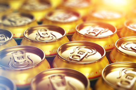 Creative abstract 3D render illustration of the macro view of metal shiny alcohol beer drink tin cans with selective focus bokeh effectの写真素材