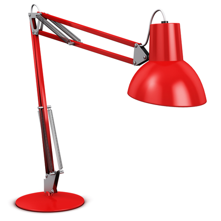 Creative abstract 3D render illustration of red shiny metal steel home desk or office table desktop electric lamp light isolated on white backgroundの写真素材