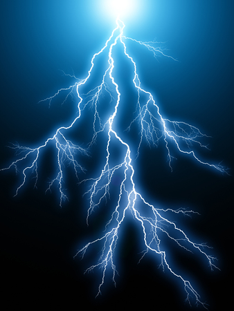Creative abstract 3D render illustration of the blue lightning arc electric discharge hit strike light effect on dark black backgroundの写真素材