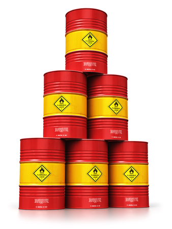 Creative abstract oil and gas industry manufacturing and trading business concept: 3D render illustration of the group of red stacked metal oil drums or petroleum barrels isolated on white background with reflection effectの写真素材