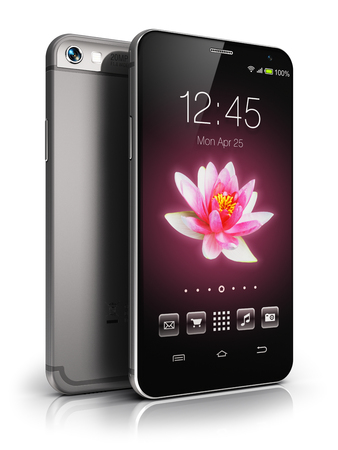 Creative abstract mobile phone wireless communication technology and mobility business office concept: 3D render illustration of modern metal black glossy touchscreen smartphone with colorful application interface with color icons and buttons isolated on white background with reflection effectの写真素材