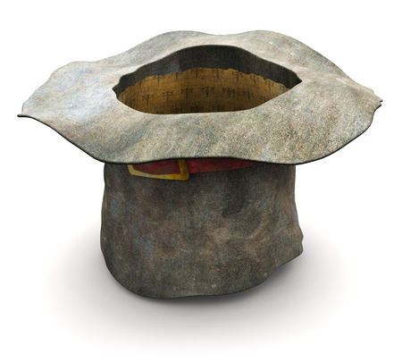 Creative abstract 3D render illustration of the old vintage crumpled beggar cylinder hat upset down isolated on white backgroundの写真素材