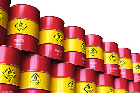 Creative abstract oil and gas industry manufacturing and trading business concept: 3D render illustration of the industrial storage warehouse with the group of stacked rows of red metal oil drums or petroleum barrels isolated on white backgroundの写真素材