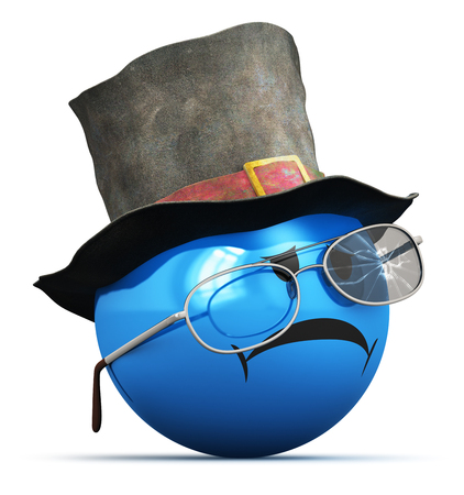 Creative abstract 3D render illustration of the bad sad disappointed blue smiley emoji, emoticon or icon with old crumpled top hat and broken eyeglasses, glasses or sunglasses isolated on white backgroundの写真素材