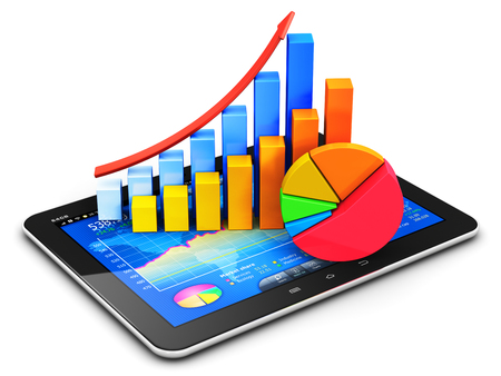Creative abstract mobile office, stock exchange market trading, statistics accounting, financial development and banking business concept: 3D render illustration of the modern touchscreen tablet computer PC with stock market application software interface, growth bar chart and pie diagram isolated on white backgroundの写真素材