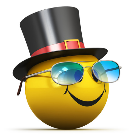 Creative abstract good mood, fun emotion and positive feeling expression concept: 3D render illustration of happy yellow smiley emoji emoticon ball face with smile in black hat and blue fashionable eyeglasses isolated on white backgroundの写真素材