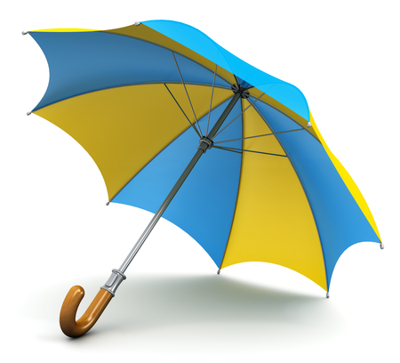 Creative abstract 3D render illustration of the blue and yellow umbrella or parasol with wooden handle isolated on white backgroundの写真素材
