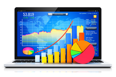 Creative abstract stock exchange market trading, banking and financial business accounting concept: 3D render illustration of the modern metal laptop notebook computer PC with stock market application software app on the screen, display or monitor with color bar graph and colorful pie chart isolated on white background with reflection effectの写真素材