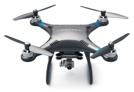Creative abstract 3D render illustration of professional remote controlled wireless black RC quadcopter drone with 4K video and photo camera for aerial photography isolated on white background with reflection effectの写真素材