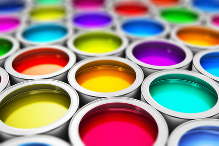Abstract creativity concept: group of tin metal cans with color paint dyeの写真素材