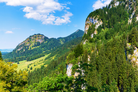 Scenic summer landscape with Alps mountains, hills and green field or meadow and forest in Bavaria, Germany, Central Europeの写真素材
