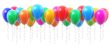 Creative abstract holiday celebration concept: 3D render illustration of color shiny transparent rubber inflatable air balloons or balls isolated on white backgroundの写真素材