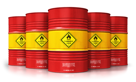 Creative abstract oil and gas industry manufacturing and trading business concept: 3D render illustration of the group of red metal oil drums or petroleum barrels isolated on white background with reflection effectの写真素材