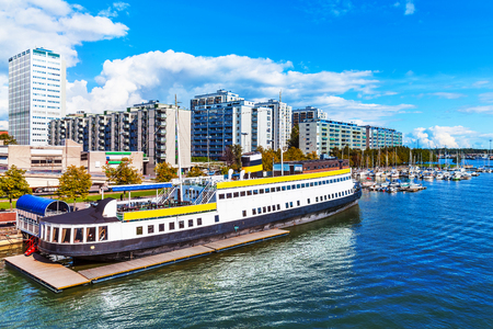 Scenic summer view of pier architecture and docked motor boats and yachts in Hakaniemi District in Helsinki, Finlandの写真素材