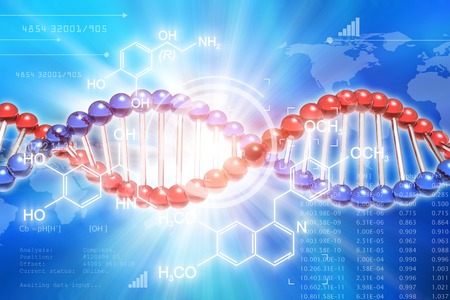Creative abstract DNA genetic research scientific medical technology analysis concept: 3D render illustration of DNA molecule structure and research data cyberspaceの写真素材
