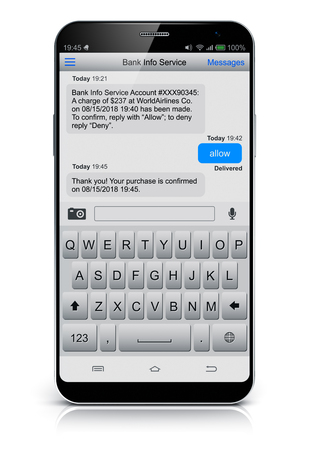 Creative abstract wireless communication computer technology business network concept: 3D render illustration of modern black glossy touchscreen smartphone or mobile phone with SMS text message app on screen isolated on white background with reflection effectの写真素材